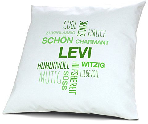 printplanet Kopfkissen mit Namen Levi - Motiv Positive Eigenschaften Tagcloud Grün, 40 cm, 100% Baumwolle, Kuschelkissen, Liebeskissen, Namenskissen, Geschenkidee