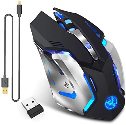 Kabellose Gaming-Maus 2,4GHz mit 7-farbiger Beleuchtung, wiederaufladbar (600 mAh Akku) (Silber schwarz)