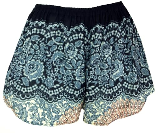 Leichte Pantys, Print Shorts, Viskose, locker geschnitten, schwarz | Sommerlicher Print, elastischer Bund, vielseitig kombinierbar, ideal für warme Tage.