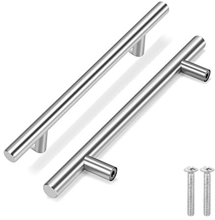 Flexzion 15 Pack Kitchen Cabinet Handles Silver Drawer Pulls 7 inch, 5 inch Hole Center, Solid Stainless Steel T Bar with Satin Brushed Nickel, Hardware for Kitchen Cupboard Door Bathroom Furniture