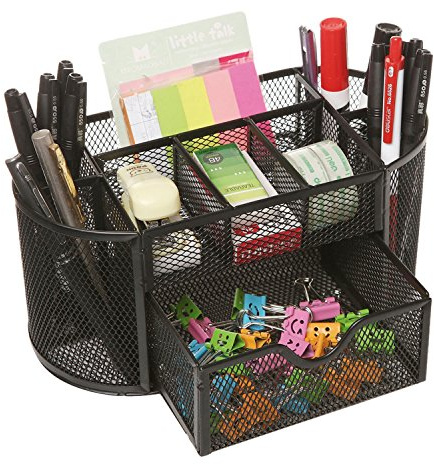 Taylor & Brown Mesh Desk Organiser Desk Tidy Metal Pen Holder with 8 Compartments and 1 Drawer, Stationery Storage Desktop Organiser for Home, Office, School