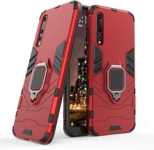 Compatible con Huawei P20 Pro Funda, Anillo Metálico Sujeción Soporte Antichoque Rígido Caja (Funciona con el Montaje de Coche Magnético) Doble Capa Sólido Case Carcasa para Huawei P20 Pro (Rojo)