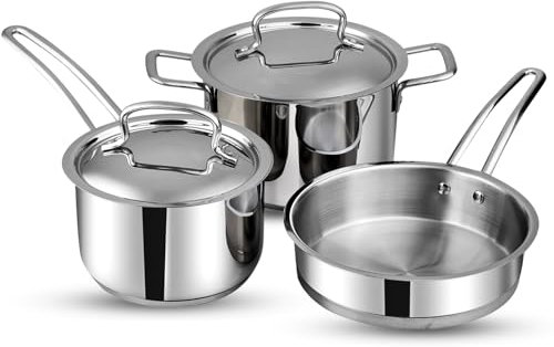 Vinod Classic Deluxe Stainless Steel Classic Deluxe Cookware Set of 3 Pcs – Saucepan (16cm), Saucepot (18cm) & Frypan (20cm) | Induction & Gas Compatible | Extra Deep, Riveted Handles | Rust-Free