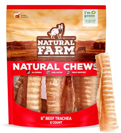 Natural Farm Beef Trachea for Dogs (6 Inch, 6 Pack)- 100% Beef,Odor Free Trachea Dog Chews- Glucosamine & Chondroitin for Joint & Hip Mobility, Bone Strength- Low-Fat Crunchy & Crispy- for All Dogs