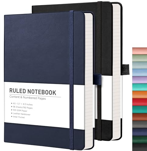 RETTACY Notizblock, A5, liniert, Leder-Tagebuch mit 376 nummerierten linierten Seiten, Hardcover-Notizbuch, 2 Haftnotizen, 8 perforierte Blätter, Stiftschlaufe, Innentasche, 14,5 x 21 cm