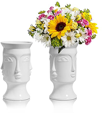 ComSaf Keramik Vase Weiß 2er Set, Modern Gesicht Design Blumenvase Deko Strauß Kernstück für Zuhause, Hochzeit, Weihnachten (18CM Höhe)