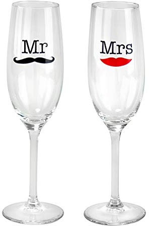 Geschenke 24 Sektgläser zur Hochzeit I 2er Set Mr und Mrs I Sektkelche mit Motiv Kussmund und Schnurrbart für das Brautpaar I Champagnergläser als das perfekte Hochzeitsgeschenk I Tischdekoration