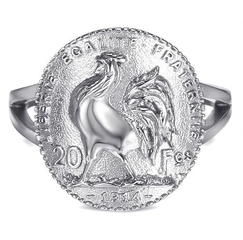 BOBIJOO JEWELRY - Bague Chevalière Coq Marianne Acier 316L Argenté Pièce 20 Francs 1914 Liberté Egalité Fraternité - 19,1 (9 US)