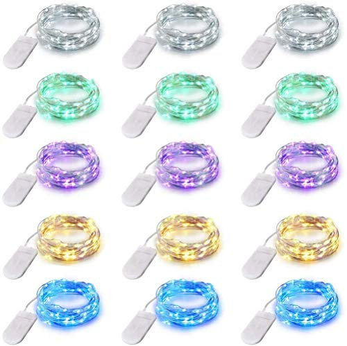 15 Pack 6.5ft Led Fairy Lights Battery Operated Mini String Lights, Ultra Thin Copper Wire Starry Decorative Light for Wedding, Party, Christmas Decorations (5 Colors)