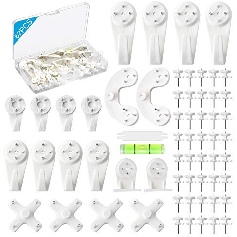 MOYASIBB Picture Hanging Kit, 62PCS Hardwall Hangers for Cinder Block, Drywall, Concrete, Brick, Wood, Stucco, Plaster, Plastic Wall Hooks, White, No Trace, No Damage, Easy Install, 22lb Capacity