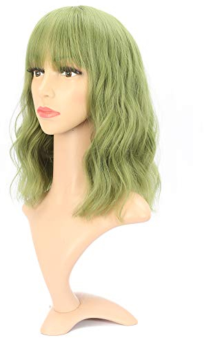 VCKOVCKO Natürliche gewellte Perücke mit Pony Kurze Bob Matcha grüne Perücken Damen schulterlange Perücken Lockige gewellte synthetische Cosplay Perücke Pastell Bob Perücke (12,Matcha Green)