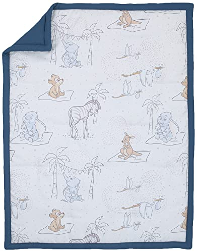 Disney Dumbo Mommy's Little Peanut Ivory, Gray, Blue Kangaroo, Bear, Zebra, Stork with Palm Trees 6Piece Nursery Crib Bedding Set, Ivory, Blue, Grey, Tan