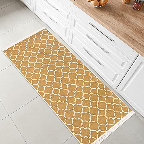 Fashion4Home Teppich Läufer - Tepiche für Wohnzimmer, Schlafzimmer, Küche, Kinderzimmer, Badezimmer - Boho Kelim - Läufer Flur, Morocco-Gold-Weiß, Größe: 60x90 cm