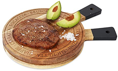 OLEIO 2er-Set Schneid- und Servierbretter Ø 20 cm aus massivem Akazienholz | Zweifarbiger Griff mit Aufhängeloch, lebensmittelechte Lasergravur FOCACCIA, BRUSCHETTA und PIZZA, für Antipasti und Brotzeit