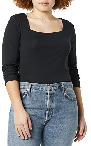 Amazon Essentials Women's Slim-Fit Long-Sleeved Square Neck T-Shirt, Black, XS