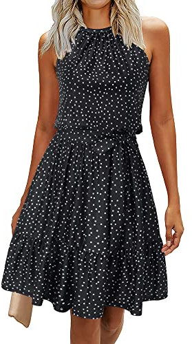 Newshows Sommerkleid Damen Knielang Elegant Kleid Neckholder Sommer Ärmellos Freizeitkleider mit Taschen(Polka Dot-schwarz, L)
