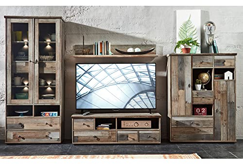 Lomadox Wohnwand inkl. LED-Beleuchtung Vintage Driftwood Braun, B/H/T ca. 342/188/52 cm