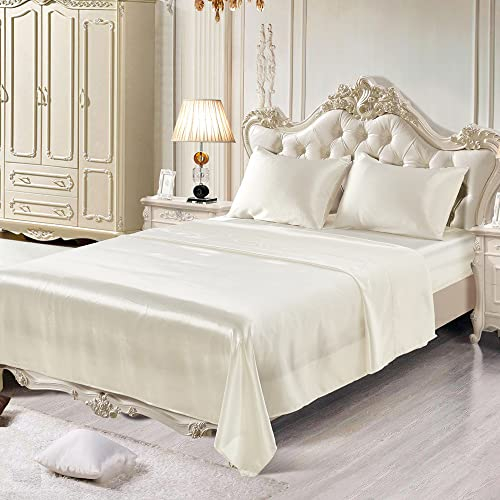 Lanqinglv Luxus Satin Spannbettlaken Bettlaken 180x200 cm bis 25-30 cm Steghöhe Boxspringbett Topper 110g/m² Glatt Seide Glanzsatin Boxspringbett Spannbetttuch Leintuch,Weiß,1 Stück