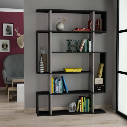 Dmora - Libreria Adhara, Scaffale da ufficio, Mobile portalibri, Biblioteca, 110x26h161 cm, Antracite e Beige