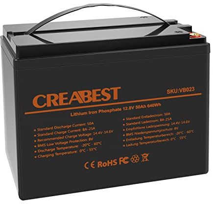 CREABEST Lithiumbatterie 12.8v 50Ah LifePo4 mit 3000+ Ladezyklen und BMS Schutz Versorgungsbatterie für Wohnmobile, Wohnmobile, Caravans, Marineschiffe, Golfwagen