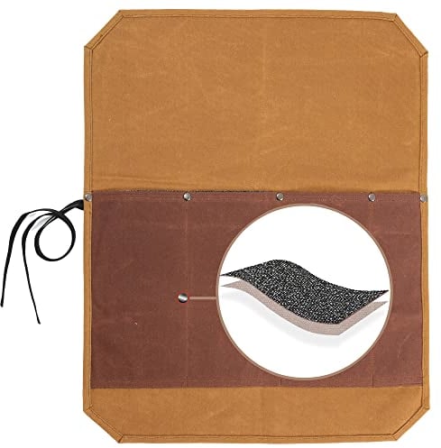 Kaaltisy Professional Chef Knife Bag - Heavy Duty 16oz Waxed Canvas Knife Roll with 4 Slots, Cut-Proof Fabric, Two-Tone Design in Khaki & Brown, Portable Knife Carrier for Chefs (52 x 42 cm)