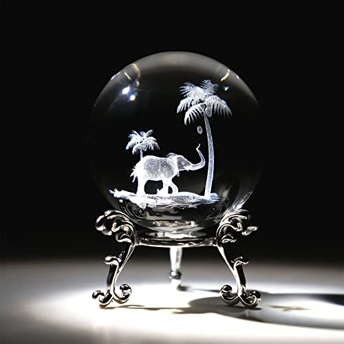 HDCRYSTALGIFTS Briefbeschwerer mit Ständer, tropischer Elefant, Kristallkugel, 60 mm, 3D-Lasergravur, Glaskugeln, dekorative Kugeln (transparent)