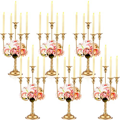 6 Pcs Gold Candelabra Candlestick Holder, 9.45 x 9.45 x 19.7 Inch, 5 Arm