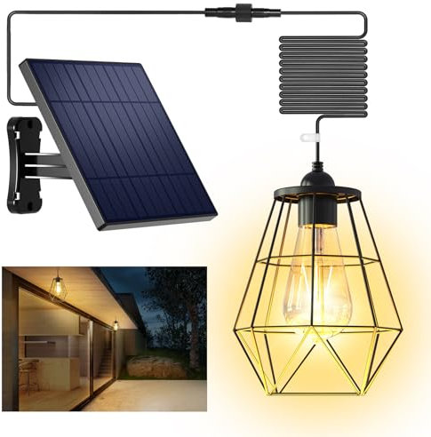 intelamp Solar Shed Light 4000mAh Battery Black Metal Basket Solar Pendant Light Solar Chandelier with 16.4FT Cable, Hanging Light for Outside Garden Yard Gazebo Barn Chicken Coop
