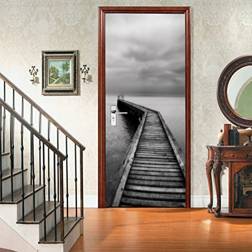 A.Monamour Sticker Porte Autocollant Poster De Porte 3D Un Pont En Bois Au-Dessus De L'Océan Noir Et Blanc Vinyle Affiche De Porte Sticker Mural Papier Peint Art Décor 85 x 200 cm