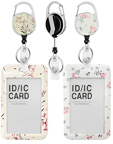 WOOXDYUK Lot de 2 porte-badges et rouleau rétractable, petit style floral frais, avec rouleau rétractable durable, pour enseignants, étudiants et employés de bureau (rose et blanc)