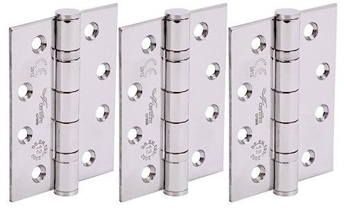 HANDLEZONE® Door Hinges 1.5 Pairs (3 Hinges) 102mm / 4 inch Ball Bearing, Grade 13 Fire Rated, CE13 FD30 FD60, with Screws - Polished Stainless Steel