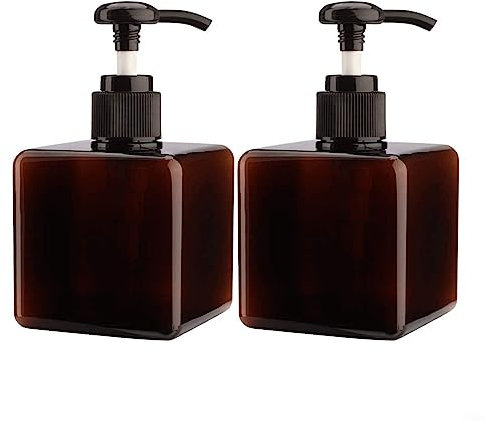 Paquete de 2 botellas dispensadoras de plástico de 250 ml para viajes, dispensador de loción cuadrado recargable para jabón líquido de manos, champú, duradero y a prueba de fugas, color marrón