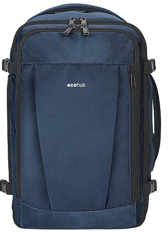 ECOHUB Easyjet Cabin Bag 45x36x20 Underseat Backpack Travel Rucksack 13 Pocket Hand Luggage Waterproof Recycled Carry On Bag for Women & Men 30L Blue