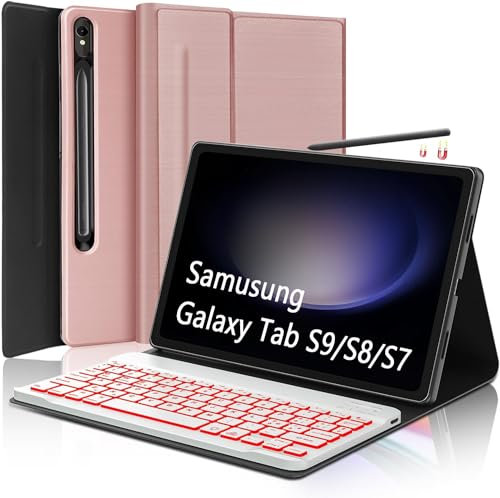 WAVATA Tastiera per Samsung Galaxy Tab S9/S8/S7 11, Custodia Tastiera per Samsung Tab S8 Magnetica Staccabile Bluetooth QWERTY Layout Italiano, Retroilluminazione a 7 Colori, Oro rosa