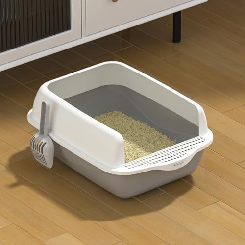 Bandeja de Arena para Gatos, Caja de Arena de plástico, Bandeja de Arena Abierta para Gatos con Pala Gratis, Borde Desmontable, fácil Limpieza, 49 x 38 x 23 cm (Gris)