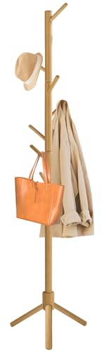 YheenLf Appendiabiti da Terra, Attaccapanni Autoportante con 8 Ganci, Base Triangolare Stabile, per Ingresso, Corridoio, Entrata, in Legno di Gomma, Naturale, 42×180cm