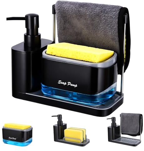 Dispenser Sapone Cucina,Porta Sapone Cucina 4 in 1, per lavello, per pompa con porta spugna, Dispenser di detersivo ricaricabile