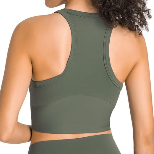 Lemedy Racerback-Sport-BHs für Damen, abnehmbar, gepolstert, Yoga-BH, Longline, Workout, bauchfreies Tanktop, Dark Olive, Mittel