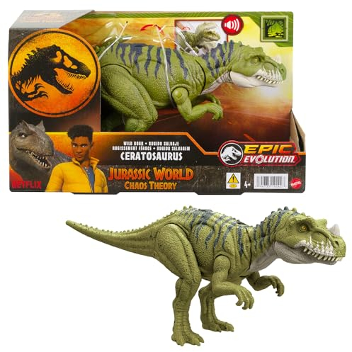 Mattel Jurassic World: Chaos Theory Netflix - Wild Roar Ceratosaurus Dinosaur Figure with Continuing Snapping Chomp Attack & Roar Sound, Posable Toy & Digital Play, Ages 4 Years & Up, HTK74