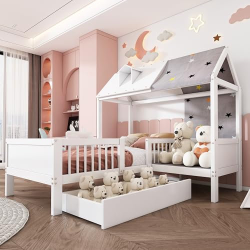 FEZTOY Kinderbett 90x200 cm, Hausbett mit Zeltstoff und Schubladen, Funktionsbett mit Fallschutz, Jugendbett Jungen und Mädchen, Ohne Matratze