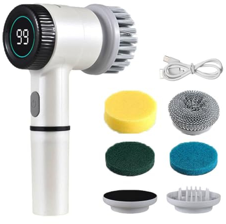 Irishom Elektrisch Reinigungsbürste Mit 2000 mAh Akku Und Power Spin,Spin Power Schrubber Mit Acht Aufsätzen Und wasserdichter,Geeignet Für Küche,Toilette(weiß)
