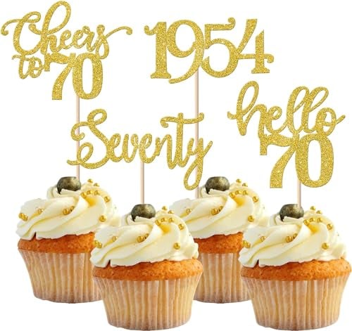 SYKYCTCY 24 Pack Happy 70th Birthday Cupcake Toppers Seventy Hello 70 Cupcake Picks Cheers to 70 Cake Decorations for 70th Birthday Party Anniversary Party Supplies Gold