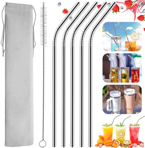Oneroomone 5 pcs Paille Inox Reutilisable, Pailles Bubble Tea, Paille à Boisson Courbée, 10 * 300mm Avec Petite Pochette De Rangement Et 1 Petite Brosse Pour Jus De Milkshakes à Boire Froid,Smoothie