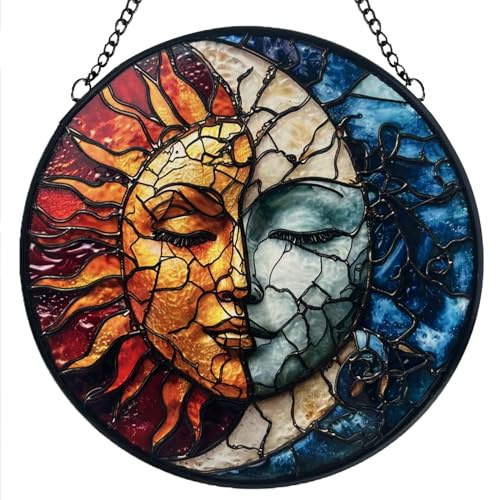 Sonnen- und Mond-Dekor-Sonnenfänger, Buntglas-Fensteraufhängung, handgefertigte Buntglas-Sonnenfänger, hängende Dekoration mit Metallkette, Outdoor-Gartendekoration, Geschenk für Frauen, Weihnachten,