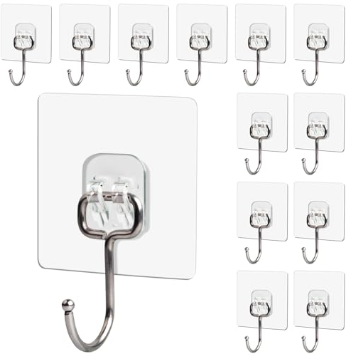 Karrong Klebehaken Extra Stark Groß 12 Stück Max 10kg, Ohne Bohren Haken Selbstklebend Transparent, Bad Handtuchhaken Wandhaken zum Kleben Badezimmer Küche