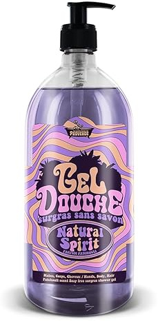 Gel Douche Surgras sans savon Natural Spirit Les Petits Bains de Provence - 1L, Parfum Patchouli, Série Limitée HAPPY, Sans Savon, pH Neutre, Enrichi en Glycérine Végétale