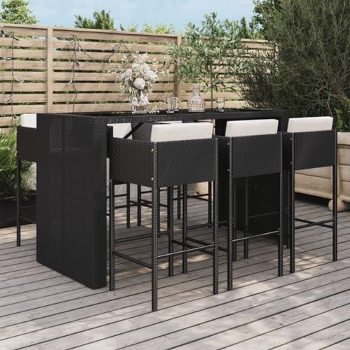 Keyroto 7-TLG.Gartenbar Outdoor Barhocker Outdoor Bar balkonmöbel Kleiner Balkon Gartenbar-Set mit Kissen Poly Rattan Schwarz