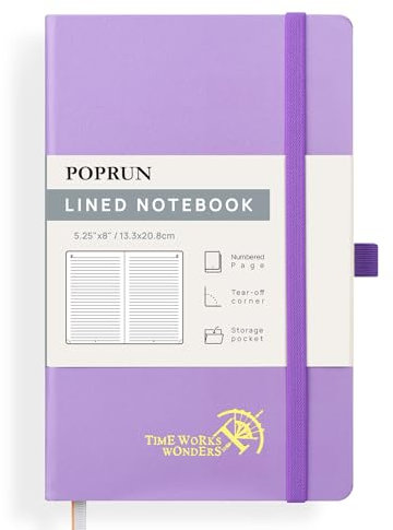 POPRUN Notizbuch A5 liniert, 120 GSM Papier für Frauen und Männer, 128 nummerierte Seiten, Hardcover mit Selbstklebenden Registerkarten und 8 Abreißblättern - Violett