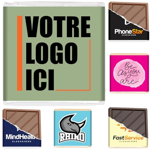 200 x Carrés de Chocolat Individuels à Personnaliser avec Logo d'Entreprise | Régalez vos Clients ou Collaborateurs, 7 Saveurs au Choix, 100% Pur Beurre de Cacao, Fabriqué en France