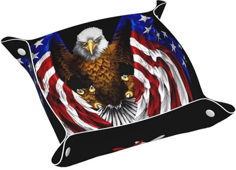 BROLEO Doppelseitiges Leder-Aufbewahrungstablett mit USA-Flagge, Patriotischer Adler, leicht zu reinigen, für ordentliche Schlüssel, Uhren, Make-up und andere kleine Gegenstände, mittelgroß